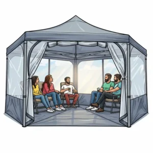 Illustration showing the ample space inside a 20x20 pop up tent, accommodating several people