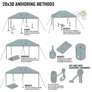 Illustration displaying various anchoring methods for securing a 20x30 canopy tent.