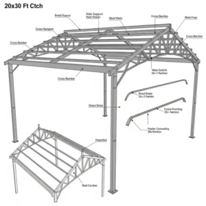 Detailed illustration of the metal frame construction of a 20x30 canopy.
