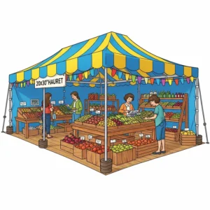 Illustration of a 20x30 canopy being used as a covered market stall.