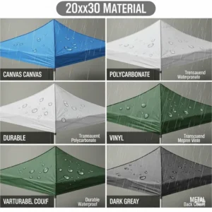 Illustration showcasing different material options for the top cover of a 20x30 canopy.
