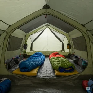 Inside view of a spacious 4 person backpacking tent showcasing comfortable sleeping and gear storage for four people.
