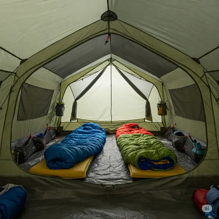 Inside view of a spacious 4 person backpacking tent showcasing comfortable sleeping and gear storage for four people.