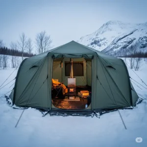 Spacious 4 person hot tent set up in a snowy wilderness, providing warm shelter for winter camping