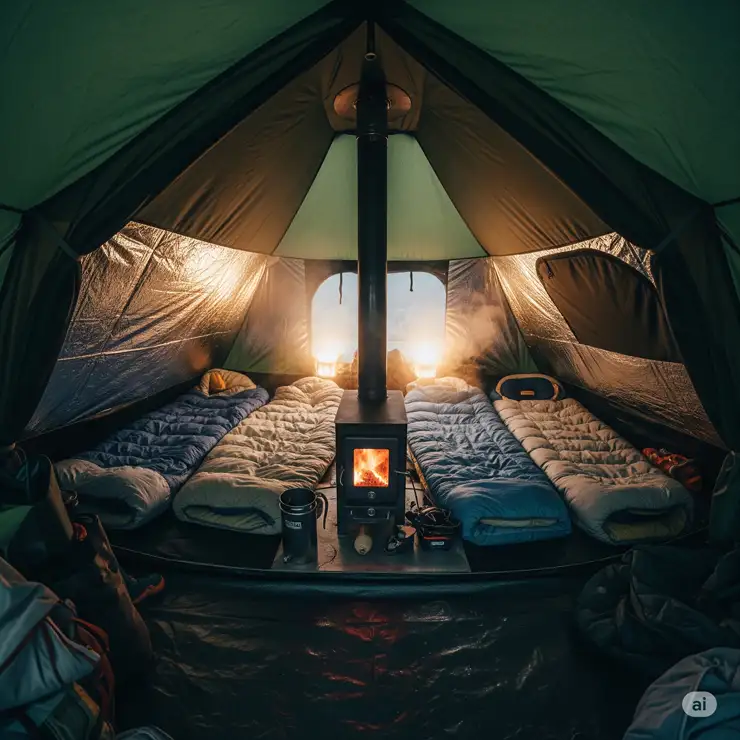 Inside view of a comfortable 4 person hot tent with sleeping bags and a wood-burning stove