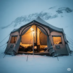 A durable 4 person hot tent standing strong in snowy and windy weather conditions