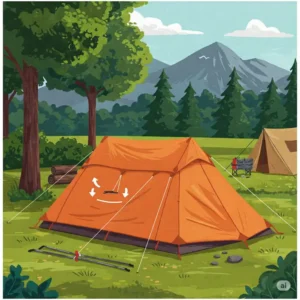 Illustration demonstrating the quick and easy setup process of a 6 person 4 season tent.