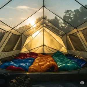 Inside view of a roomy 6 person 4 season tent comfortably accommodating six campers.