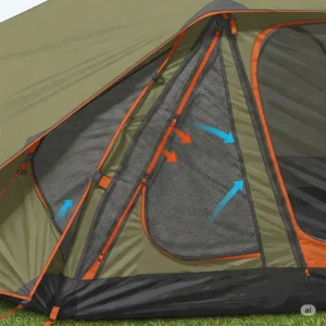 Close-up illustration of ventilation panels on a 6 person 4 season tent for airflow.