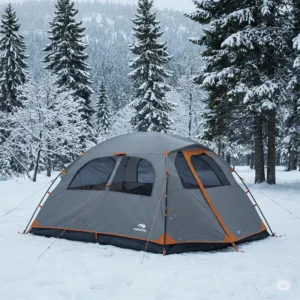 Durable 6 person 4 season tent standing strong in a snowy winter landscape.