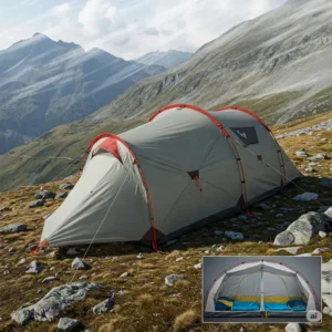 Aerodynamic design of a 6 person 4 season tent resisting strong winds in a mountain setting.