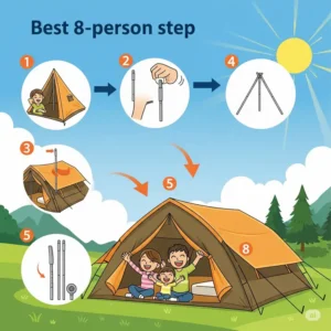 Illustration showing the easy setup process of a best 8 person tent.