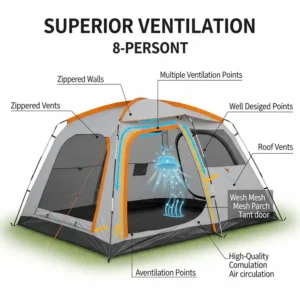  Diagram highlighting the good ventilation features of a best 8 person tent.
