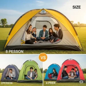 Visual comparison illustrating the size and spaciousness of an 8 person tent versus smaller tents.