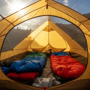 Inside an avalanche backpack tent, showing ample sleeping space for backcountry adventures.
