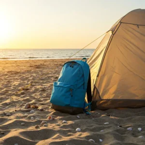 A compact backpack rests beside a pitched beach tent on a sunny sandy shore, ready for a relaxing camping getaway.