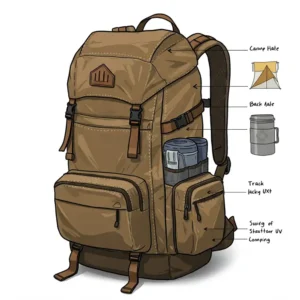 Detailed illustration highlighting the features of a backpack, including straps and compartments suitable for carrying a beach tent and other camping essentials.