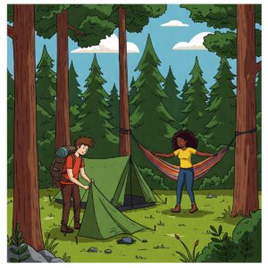 Illustration depicting two backpackers, one setting up a tent and the other a hammock, symbolizing the personal choice between shelter options.