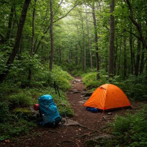 Backpacking gear including a tent specifically designed for a tall person on a wilderness trail.
