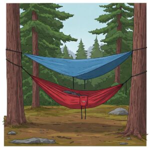 Illustration showing a backpacking hammock suspended between two trees with a rainfly overhead
