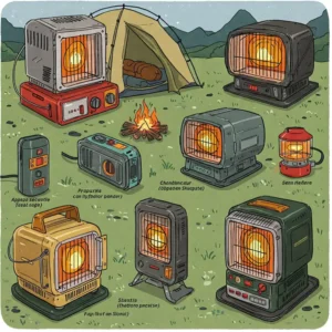 Illustration showcasing various types of backpacking tent heaters, including propane and electric models designed for camping.