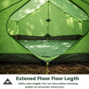 Detail of a backpacking tent's extended floor length, a key feature for tall people.