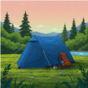 Illustration of a freestanding backpacking tent fully set up in a forest clearing, ready for overnight shelter