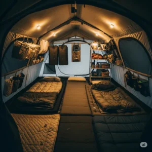 Interior view of a comfortable base camp tent showing sleeping arrangements and organizational features.