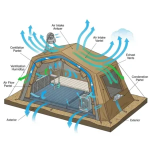 Diagram showcasing the ventilation system of a base camp tent, emphasizing airflow and reduced condensation.