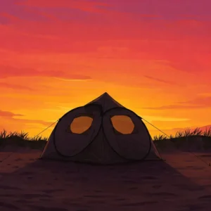 Illustration of a beach tent silhouetted against a vibrant sunset sky at the beach.