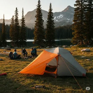 A durable and lightweight best 4 person backpacking tent set up in a scenic mountain landscape, ideal for group backpacking trips.