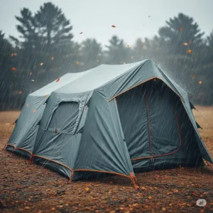 A best 8 person tent standing strong in various weather conditions, emphasizing its weatherproof design.
