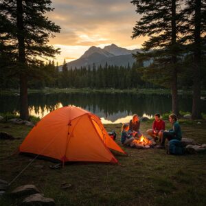 Spacious yet lightweight budget family backpacking tent pitched in a scenic campsite