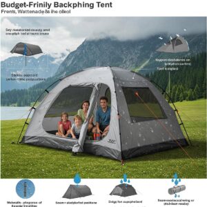 Illustration showing waterproof material and ventilation features of a budget family backpacking tent