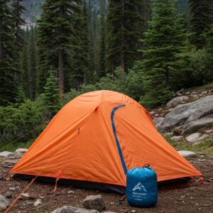 A compact and lightweight backpacking tent suitable for a tall person, ready for travel.