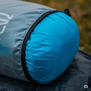 Close-up of a compact and lightweight single person backpacking tent, neatly packed for easy transport.