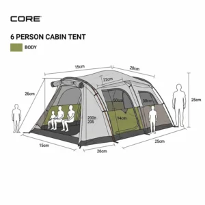 Diagram illustrating the dimensions of a Core 6-person cabin tent, with figures for scale.