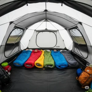 Inside view of a Core 6-person cabin tent with sleeping bags, demonstrating its capacity.