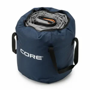 The packed size of a Core 6-person cabin tent in its carrying bag, highlighting its portability.