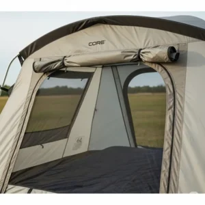 Close-up of the ventilation features on a Core 6-person cabin tent, including vents and windows.