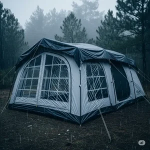 Core 6-person cabin tent with rainfly attached, emphasizing its weather resistance.