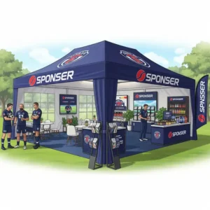 Illustration of a custom-branded sports tent, suitable for team events, sponsorships, and promotional activities.