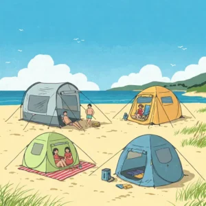 Illustration showcasing various colorful beach tents pitched along a sandy shoreline with the ocean in the background.