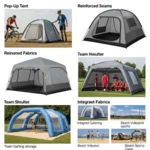 Illustration showcasing different types of sports tents, including pop-up tents, team shelters, and inflatable structures for various sports needs.