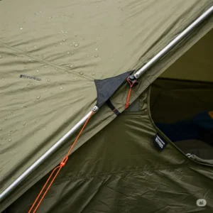 Detail showcasing the strong and durable materials used in a top-rated best 4 person backpacking tent, including fabric and poles.