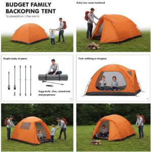 Step-by-step illustration of the easy setup process for a budget family backpacking tent.