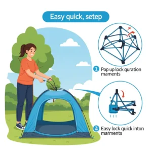  Illustration showing the quick and easy setup process of a personal pop up tent.