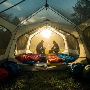 Inside view of a Eureka 4 person tent comfortably accommodating four campers with gear.