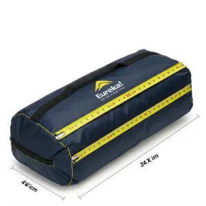 Compact and portable packed size of a Eureka 4 person tent in its carrying bag