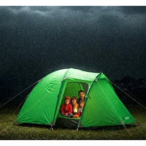 Eureka 4 person tent keeping campers dry in rainy weather, highlighting its waterproof construction.